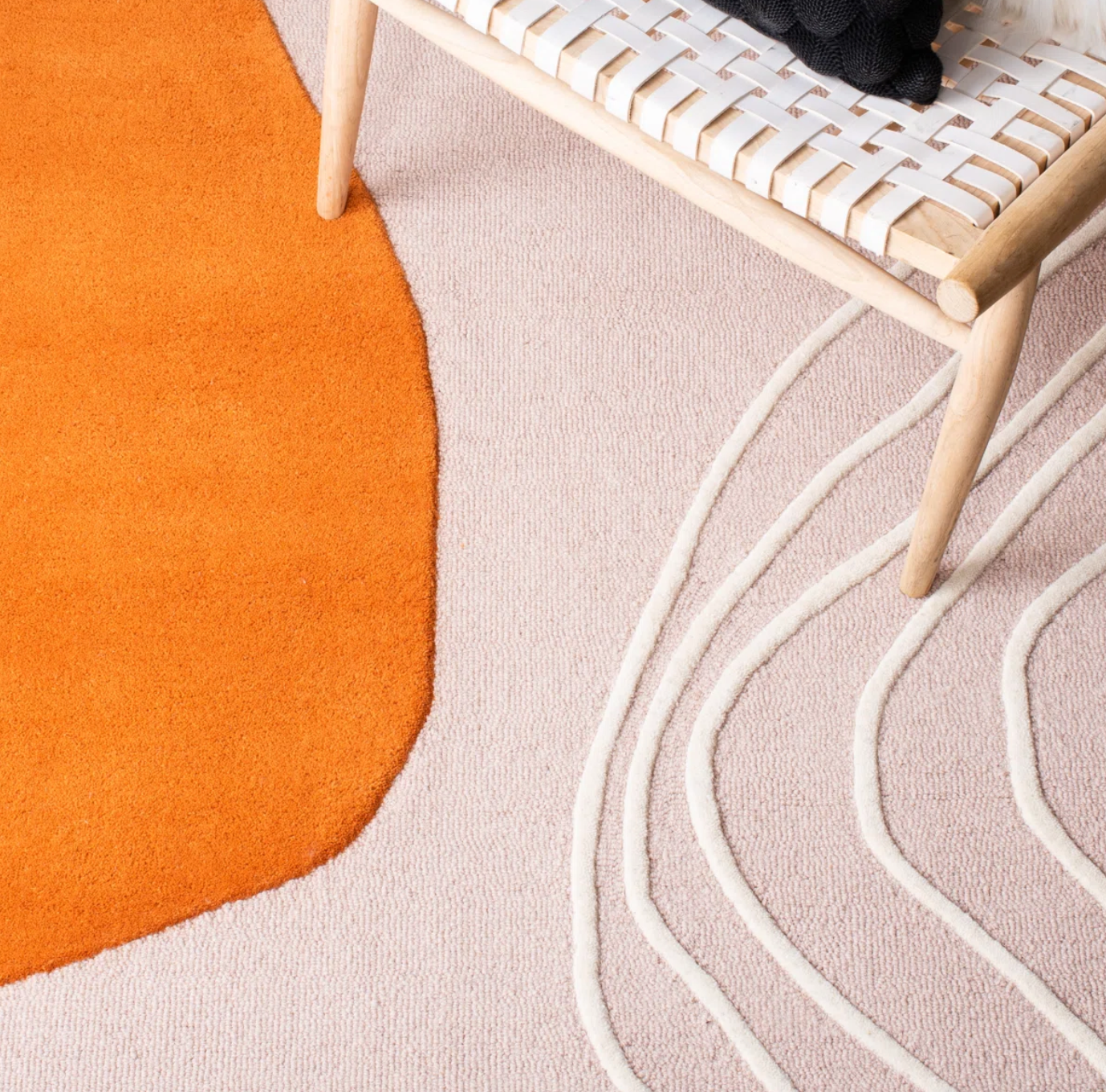 8" square pink, orange, & cream abstract wool rug 🧡
