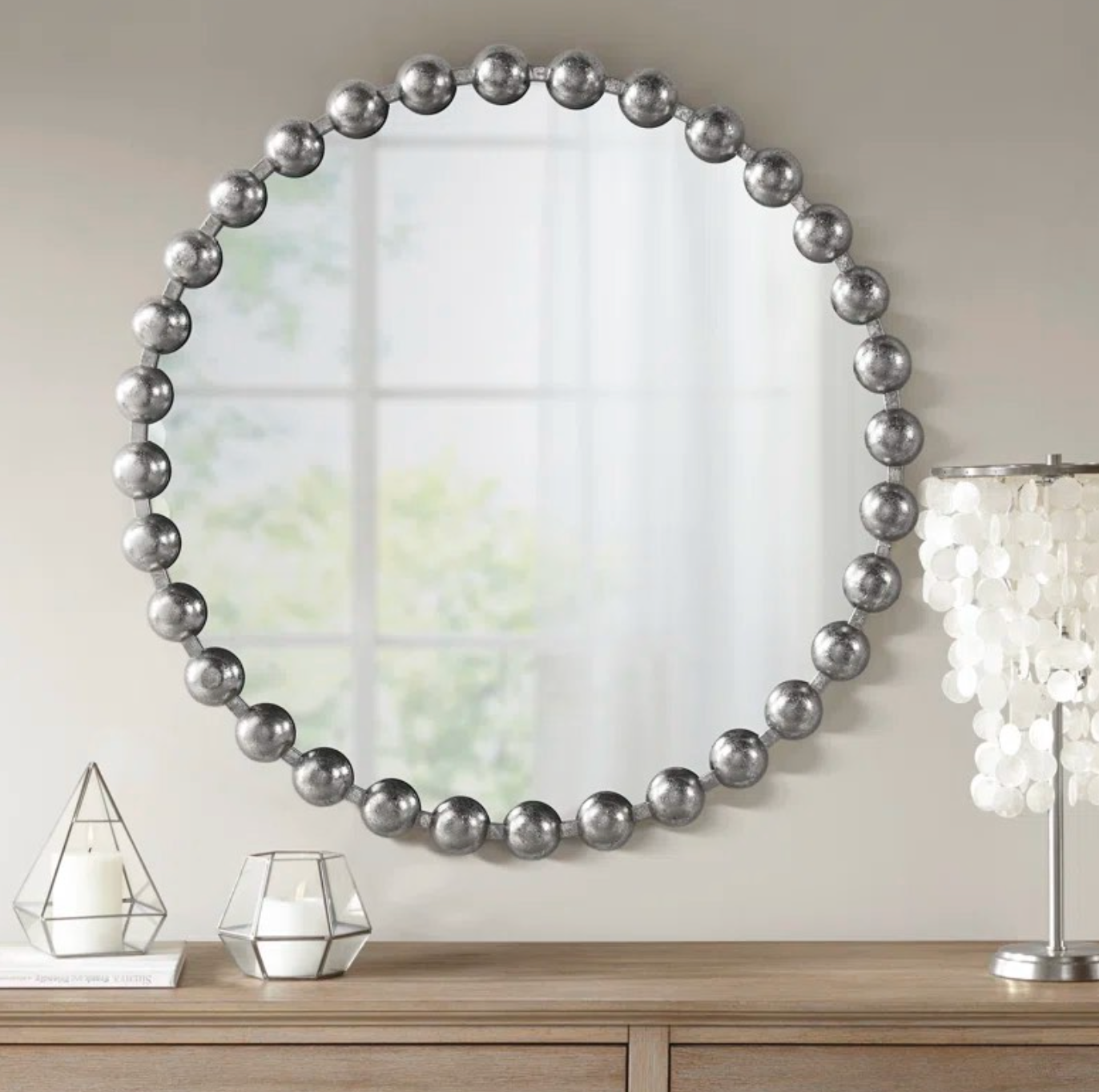 Beaded silver round 36" metal wall mirror 🩶