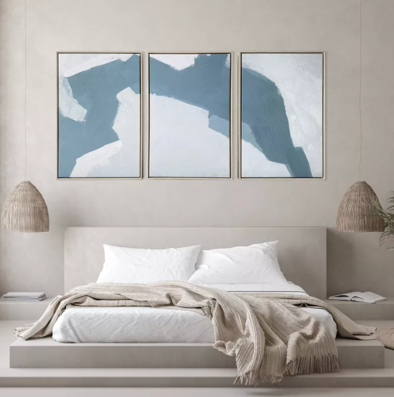 Modern blue abstract triptych 12x24 framed canvas 🌊
