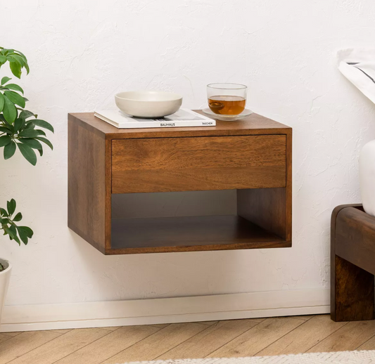 Wall-mounted 12.5" brown wood nightstand w/ storage ☕