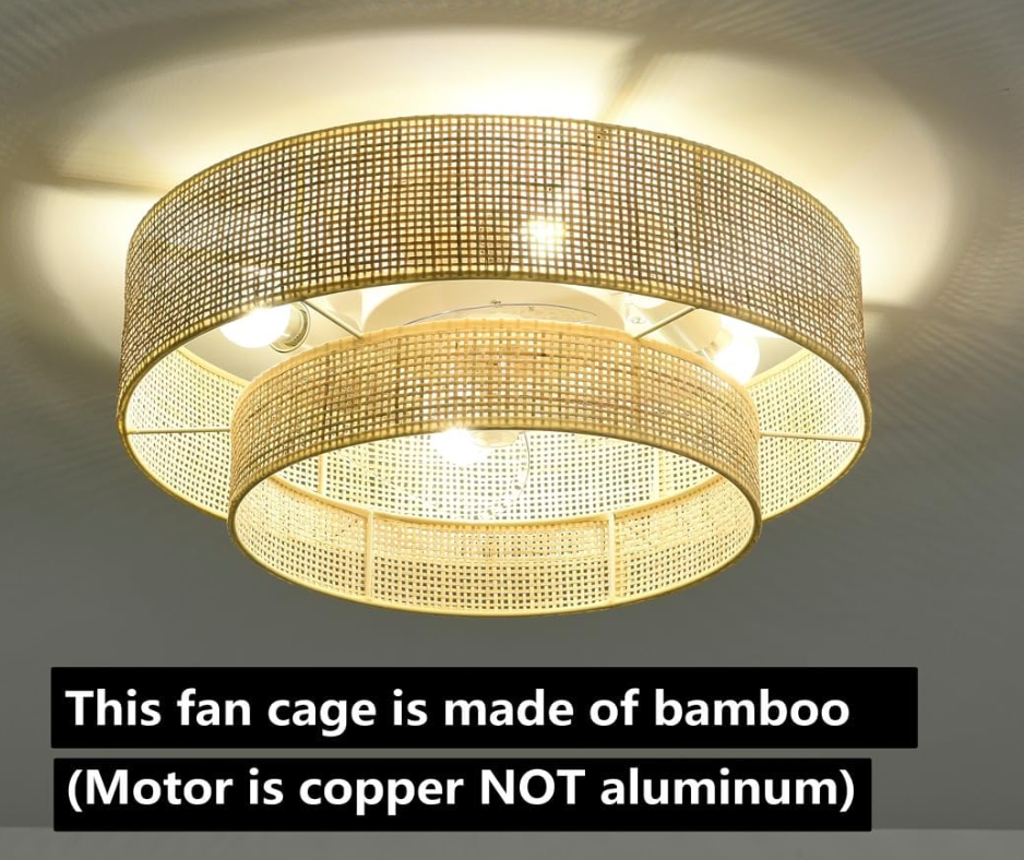 Boho bamboo 20" caged wicker rattan bladeless fan chandelier 🌻