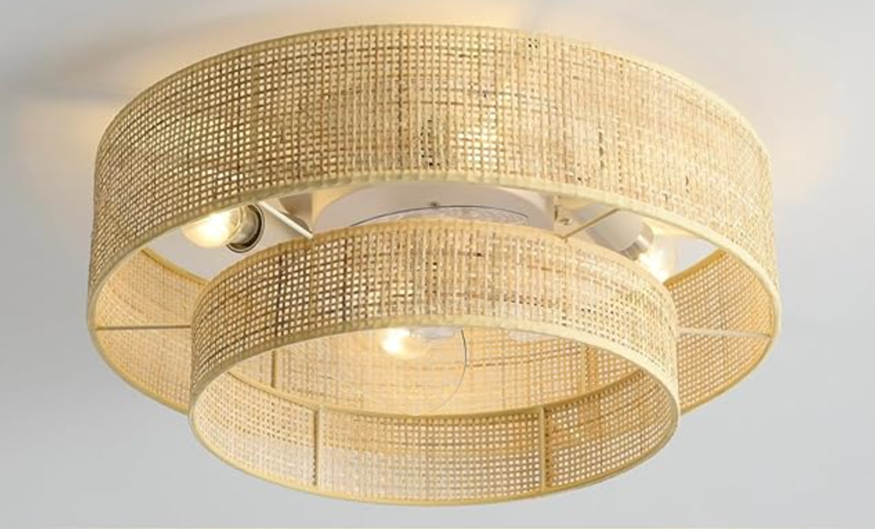 Boho bamboo 20" caged wicker rattan bladeless fan chandelier 🌻