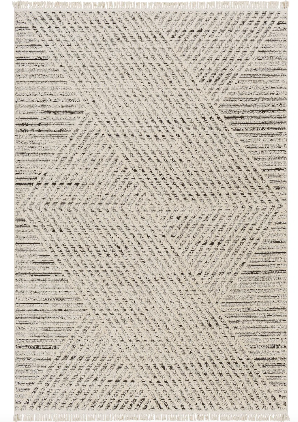 8x10 taupe & black diamond rug w/ tassels ♦
