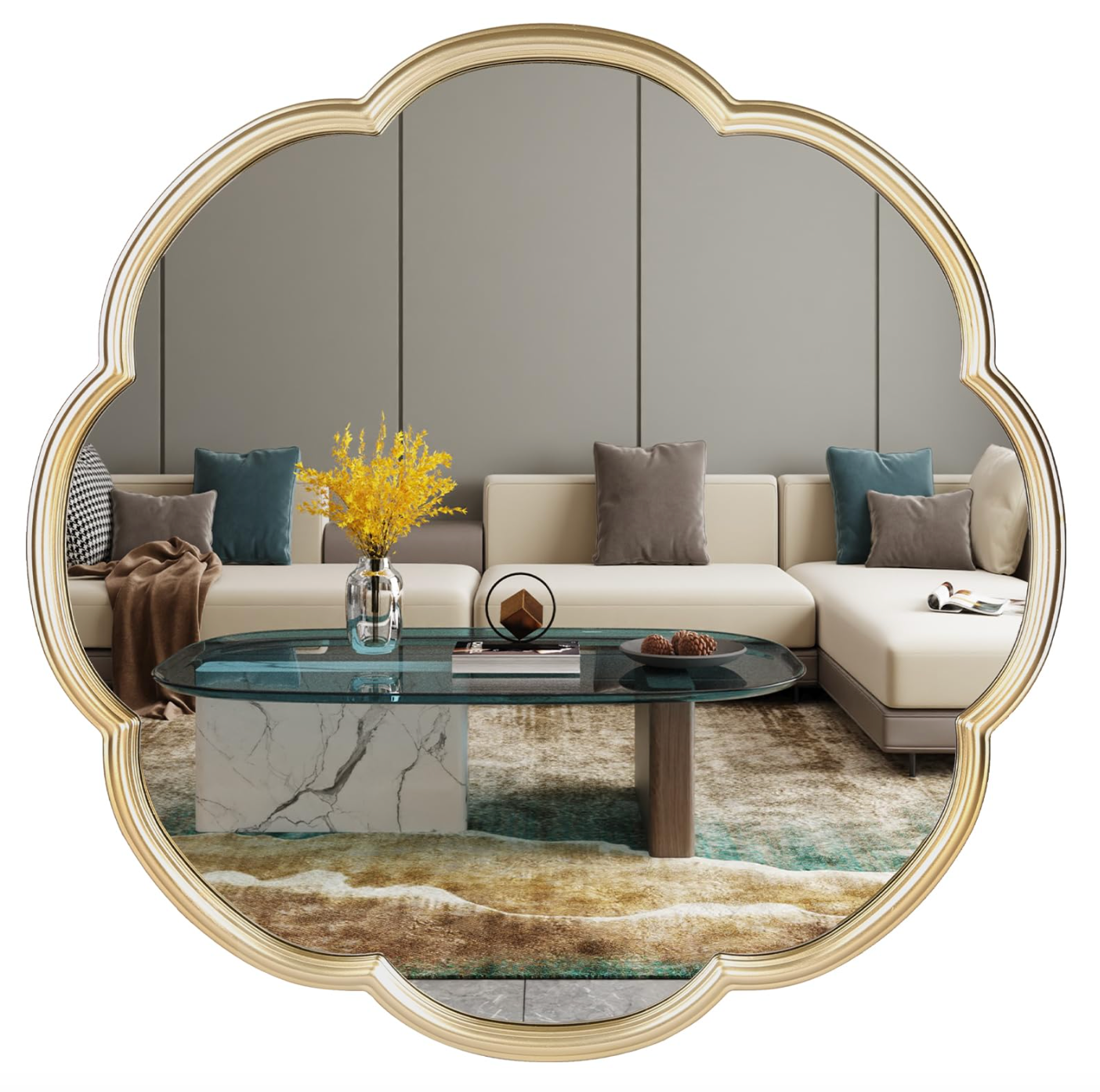 Gold 24" flower pattern scalloped round mirror 💫