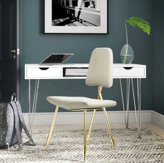 Ivory velvet upholstered modern dining chair w/ gold stainless steel legs ✨