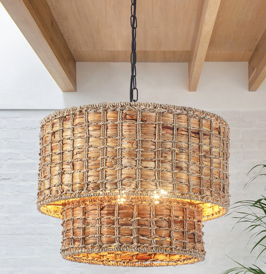 Boho 5-light two-tier drum chandelier w/ rattan lampshade ☀️