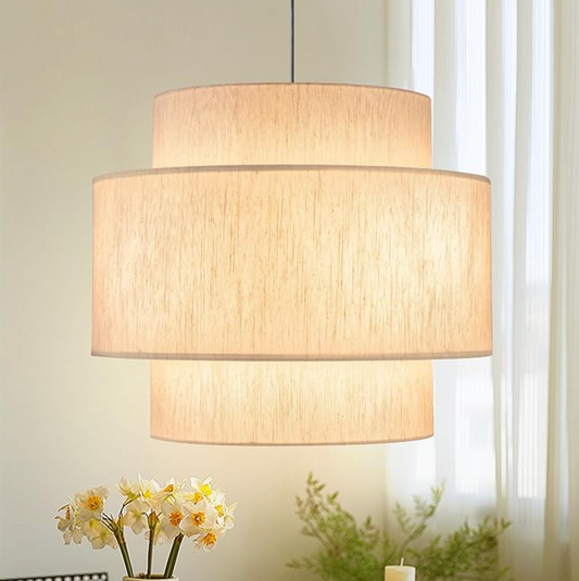 Modern 3-tier 19.7" drum chandelier with beige linen lamp shade 💡