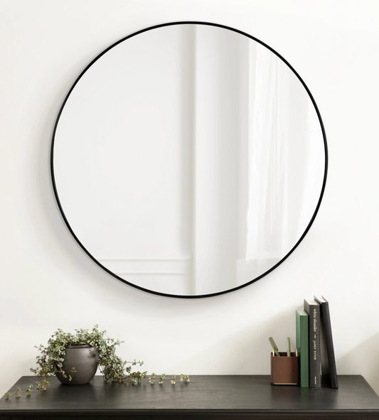 Modern black 34" round metal mirror 🖤