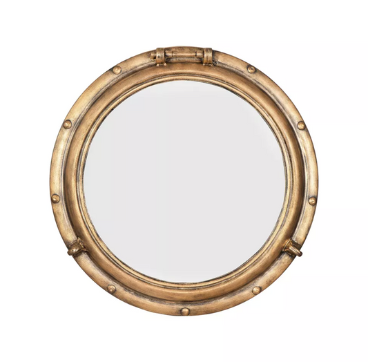 Distressed 22" gold metal porthole mirror ✨