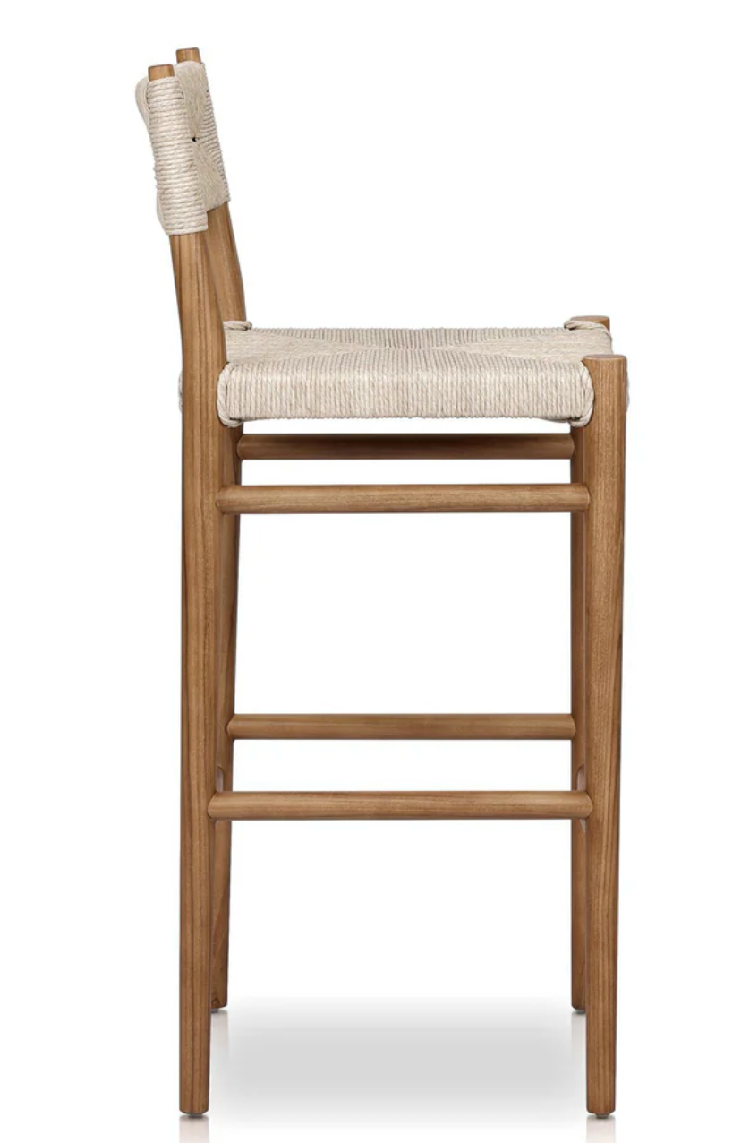 Beige woven Four Hands outdoor barstool 🥂