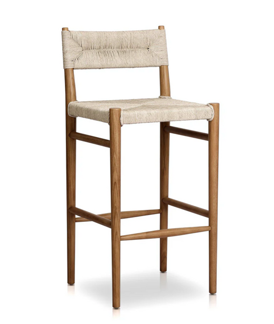 Beige woven Four Hands outdoor barstool 🥂