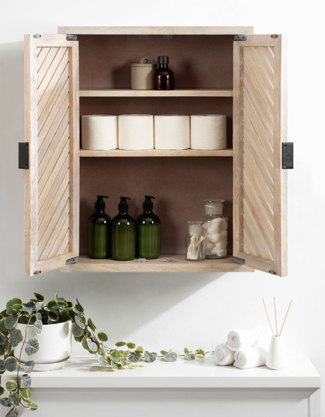 Slatted Chevron design coastal two-door whitewash floating cabinet 🕊