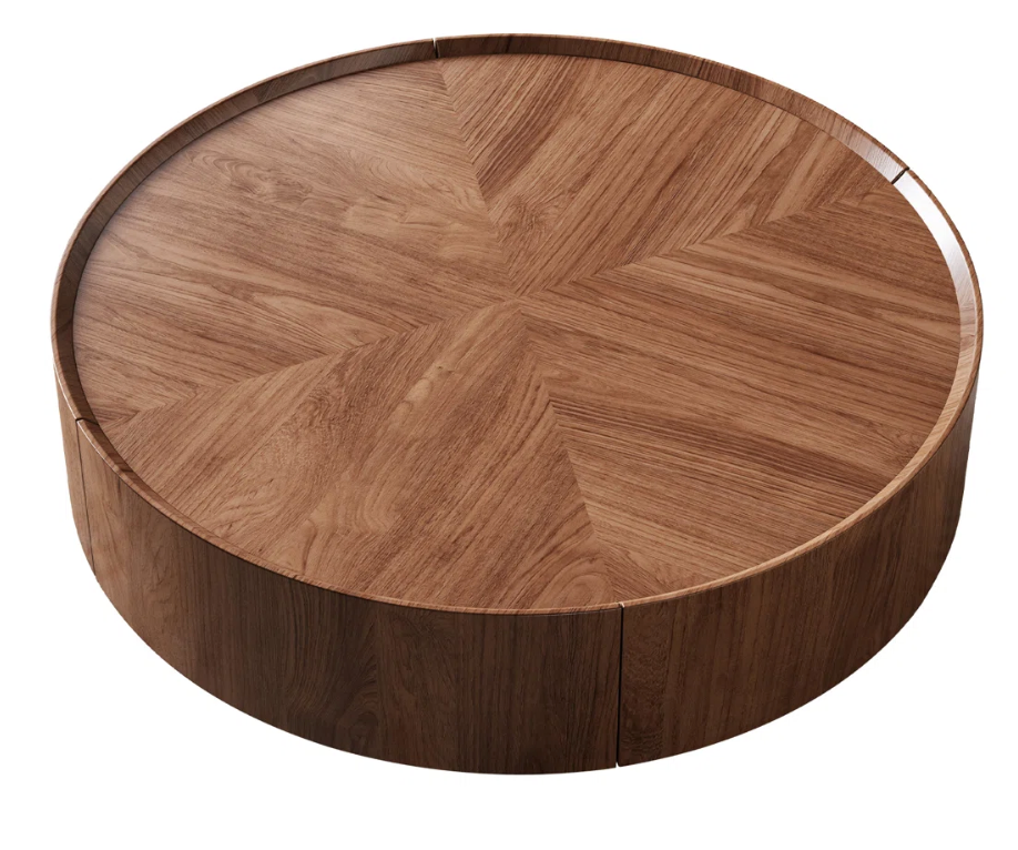 MCM industrial walnut round coffee table w/ drawers☕