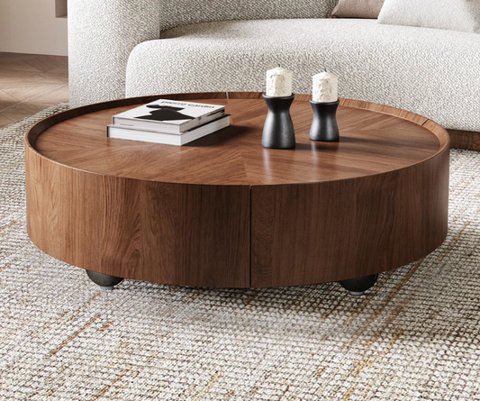 MCM industrial walnut round coffee table w/ drawers☕