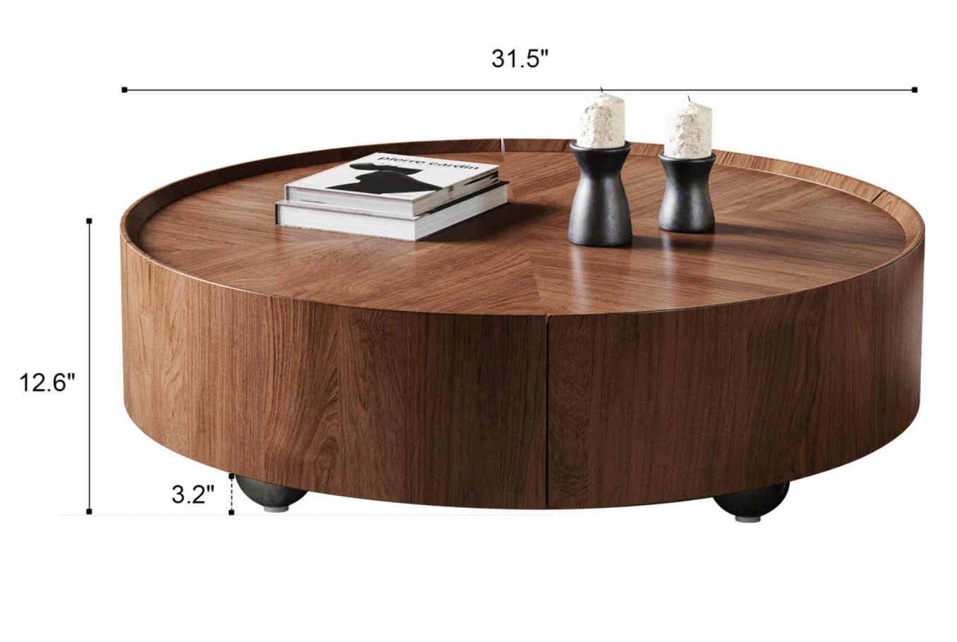 MCM industrial walnut round coffee table w/ drawers☕
