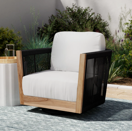 Teak swivel patio chair w/ white sunbrella cushions 🖤