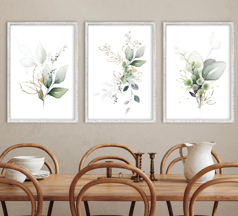 Set of 3 modern sage, white, & green 16x24 botanical wood frame art prints 🌿