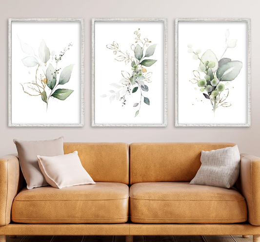 Set of 3 modern sage, white, & green 16x24 botanical wood frame art prints 🌿