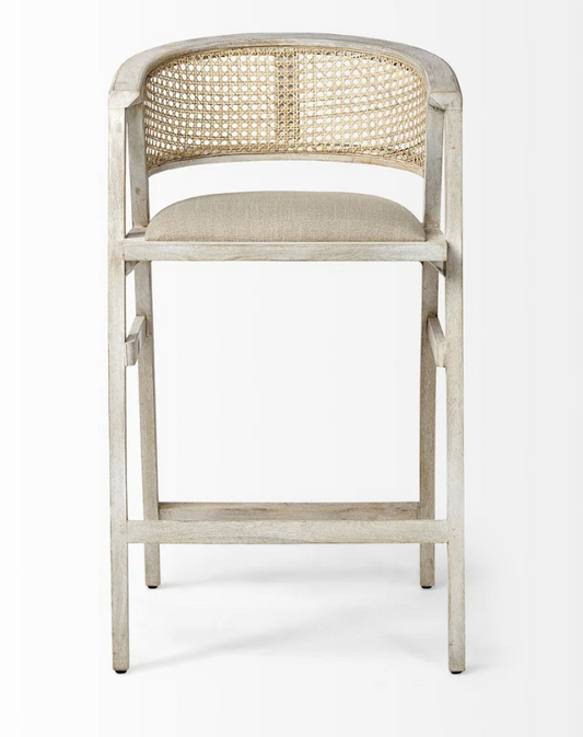 Beige fabric & rattan seat solid wood barstool 🥂