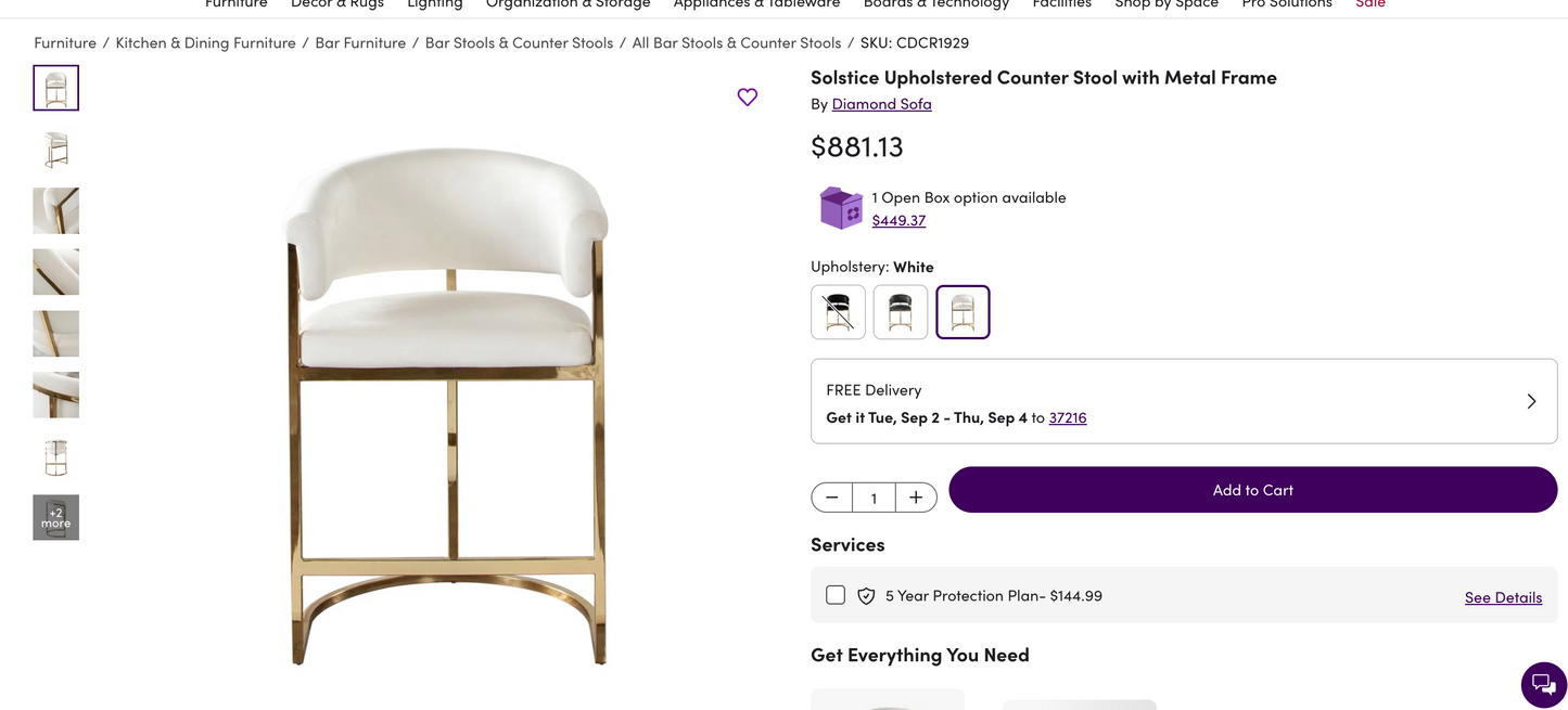 Upholstered white luxury barstool w/ gold frame ✨