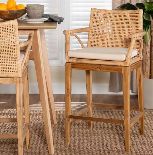 2 Natural Rattan & Teak Wood Bohemian Barstools🍸