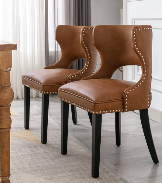 2 MCM Vegan Brown Leather & Wood Dining Chairs 🤎