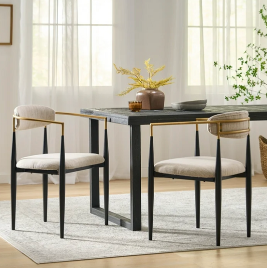 2 Beige, Black, & Gold Upholstered Metal Dining Chairs🥂