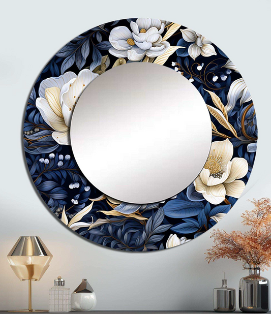 Moonlit indigo floral boho round mirror🪞