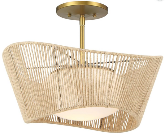 16" Semi-Flush Soft Brass & Natural Rope Shade Ceiling Fixture💡