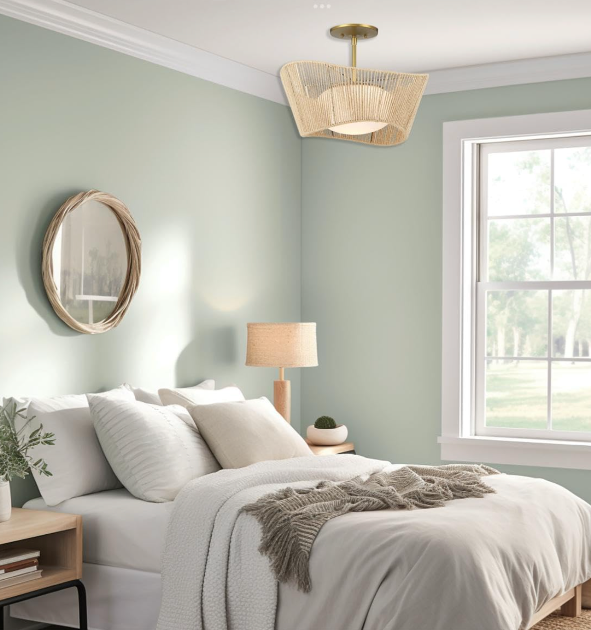 16" Semi-Flush Soft Brass & Natural Rope Shade Ceiling Fixture💡