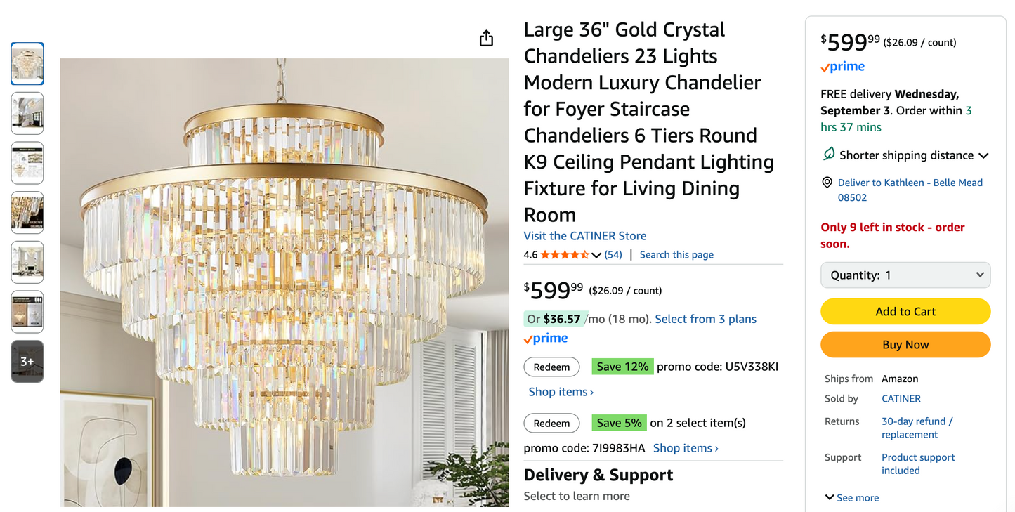 Gold crystal luxury 36" round chandelier ✨