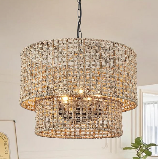 Boho 5-light woven rattan adjustable chandelier 🌻