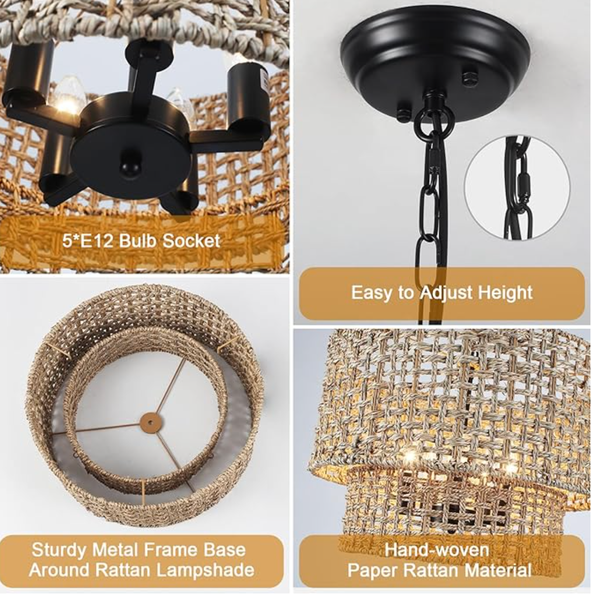 Boho 5-light woven rattan adjustable chandelier 🌻