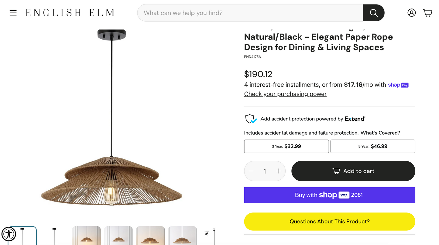 Elegant paper rope 23” pendant light in Natural/Black 🖤