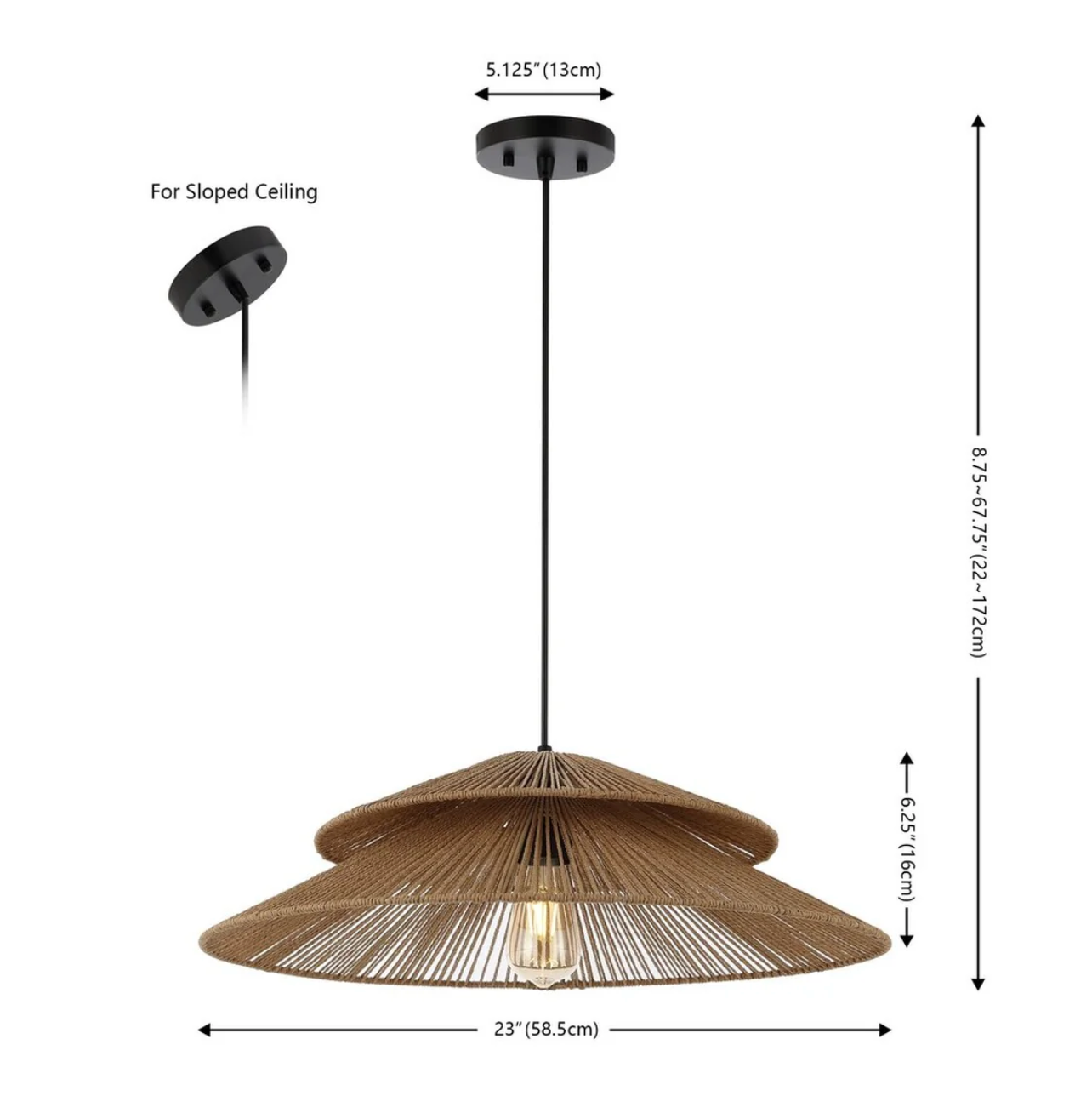Elegant paper rope 23” pendant light in Natural/Black 🖤