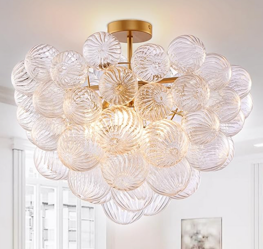Bubble ball semi-flush mount 20" chandelier (gold w/ clear ribbed glass) 🫧