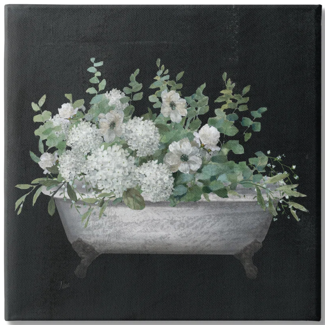 17x17 vintage clawed bathtub botanical white floral canvas🛀
