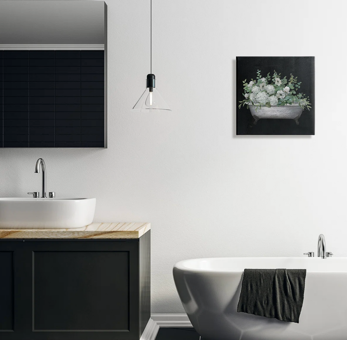 17x17 vintage clawed bathtub botanical white floral canvas🛀