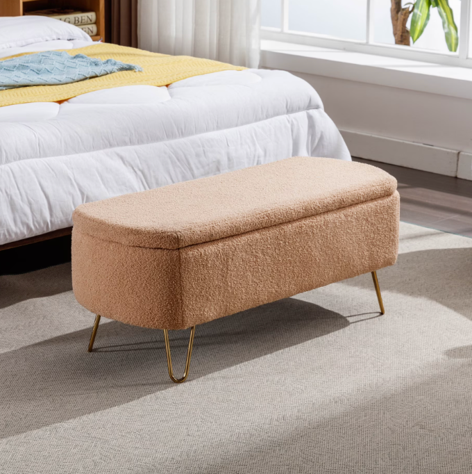 Modern rose gold faux fur oval storage bench w/ gold legs🌼