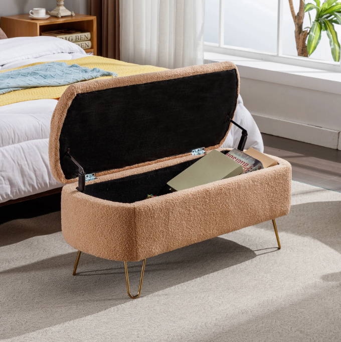 Modern rose gold faux fur oval storage bench w/ gold legs🌼