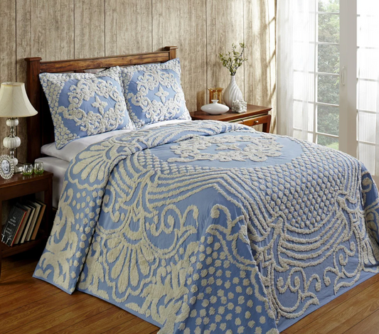 Blue floral medallion Queen cotton bedspread w/ 2 shams ♡