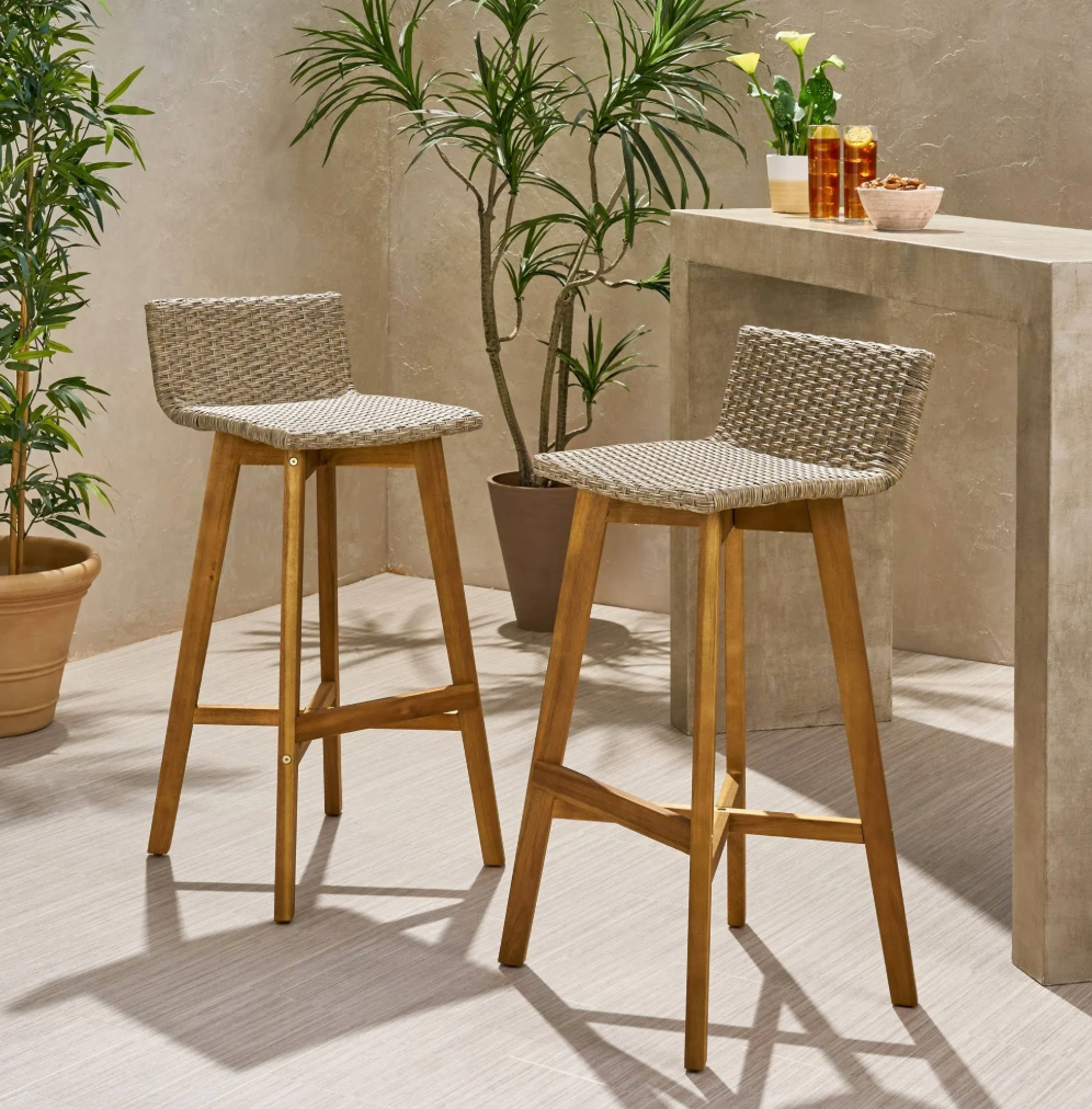 2 light brown & teak rustic acacia wood barheight barstools🍻