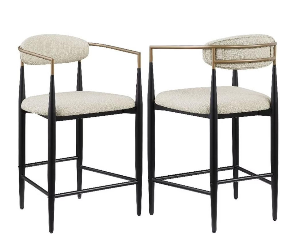 2 modern cream boucle counterheight barstools w/ black & gold frame 🍸