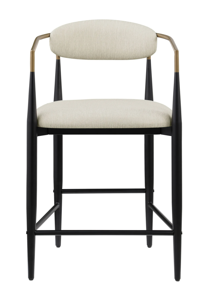 2 modern cream boucle counterheight barstools w/ black & gold frame 🍸