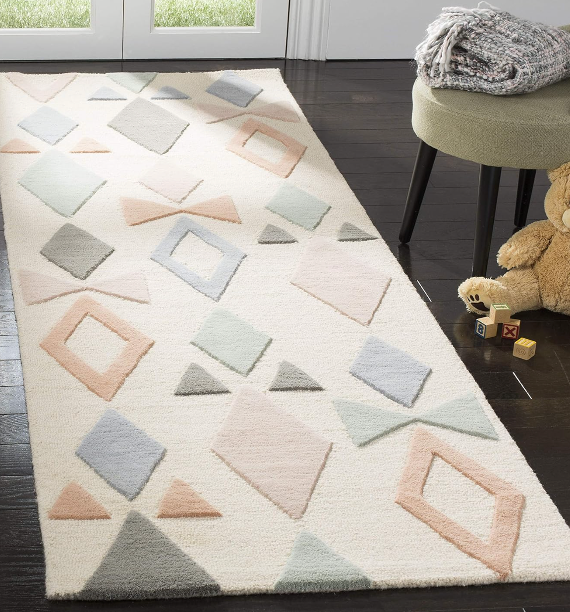 2x8 ivory & multi-color bowtie wool runner rug 🎀