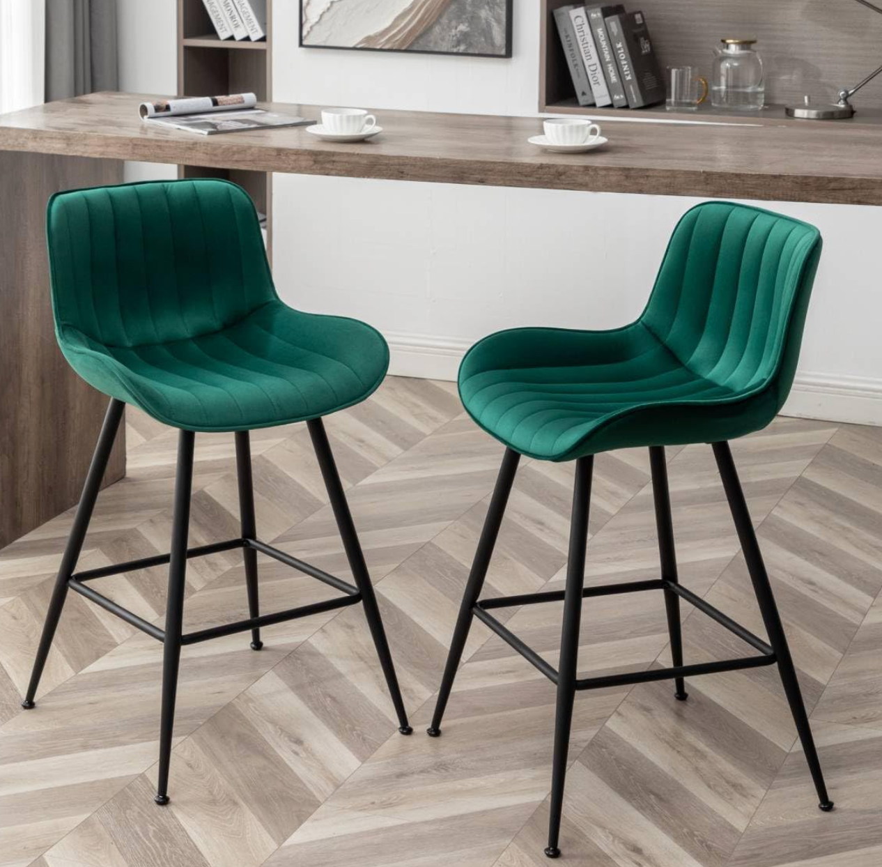 2 green velvet upholstered counterheight bartools🍾