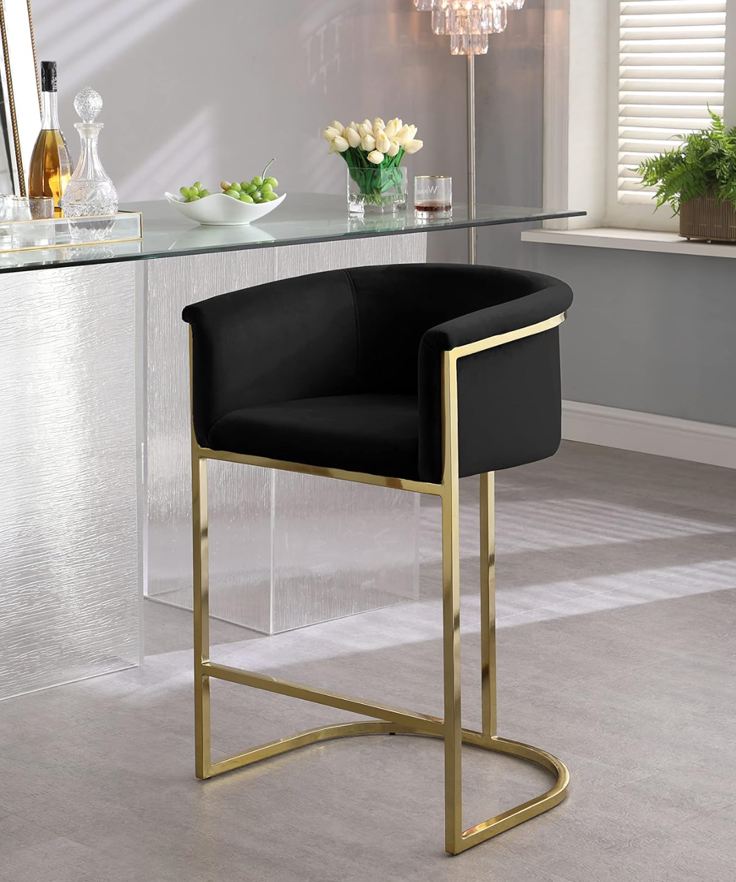 Modern black velvet counterheight barstool w/ gold steel base ✨