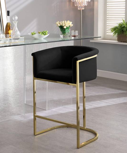 Modern black velvet counterheight barstool w/ gold steel base ✨