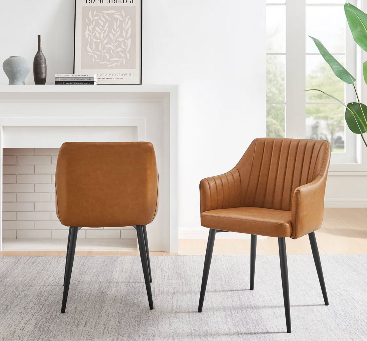 2 brown vegan leather dining chairs w/ tapered metal legs 🥃