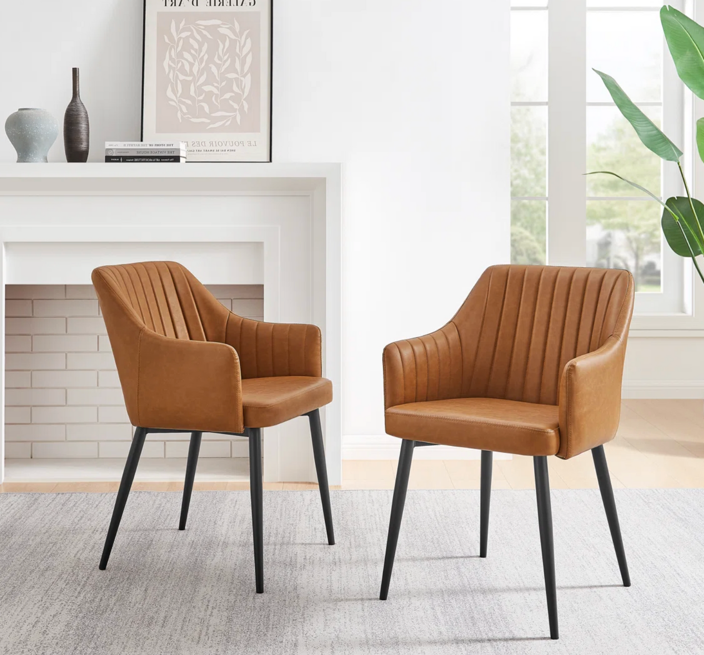 2 brown vegan leather dining chairs w/ tapered metal legs 🥃